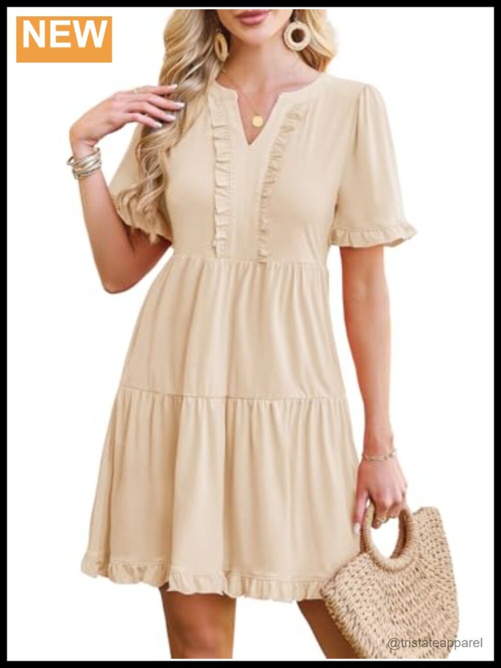 Women's Summer V Neck Short Sleeve Tiered Ruffle Swing Mini Dress with Pockets